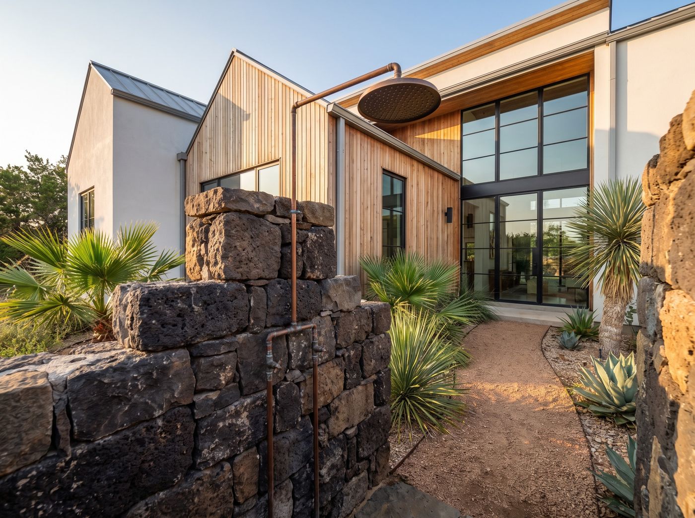 Outdoor Shower Behind Stacked Stone Wall