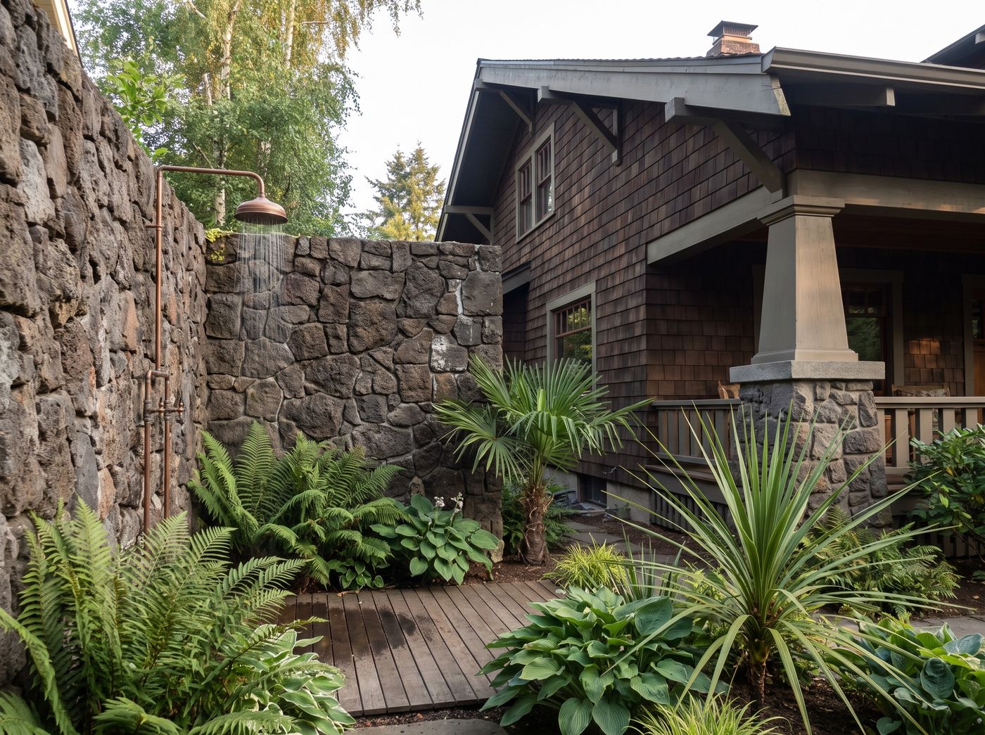 Outdoor Shower Enclosed by Stone Walls