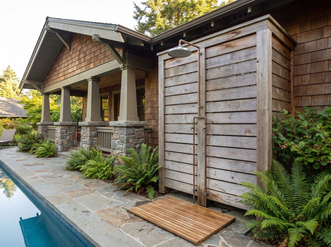 Poolside Outdoor Shower with Cedar Screen
