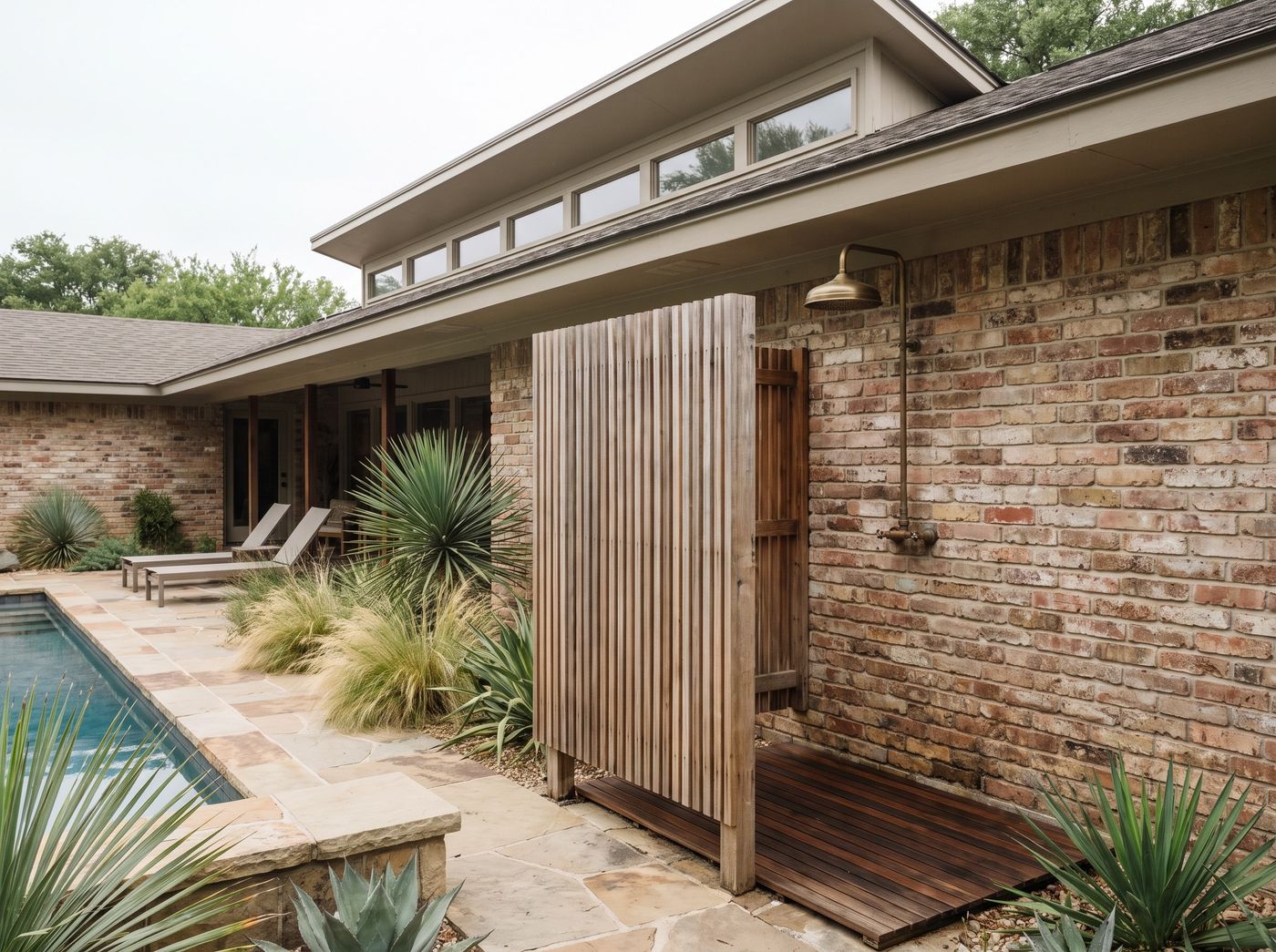 Poolside Outdoor Shower with Cedar Screen