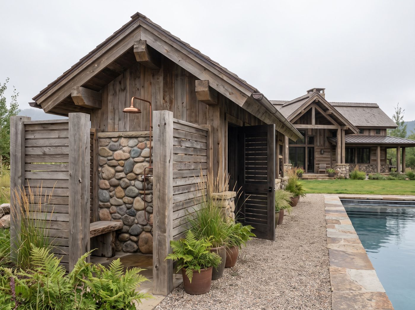 Poolside Outdoor Shower with River Stone