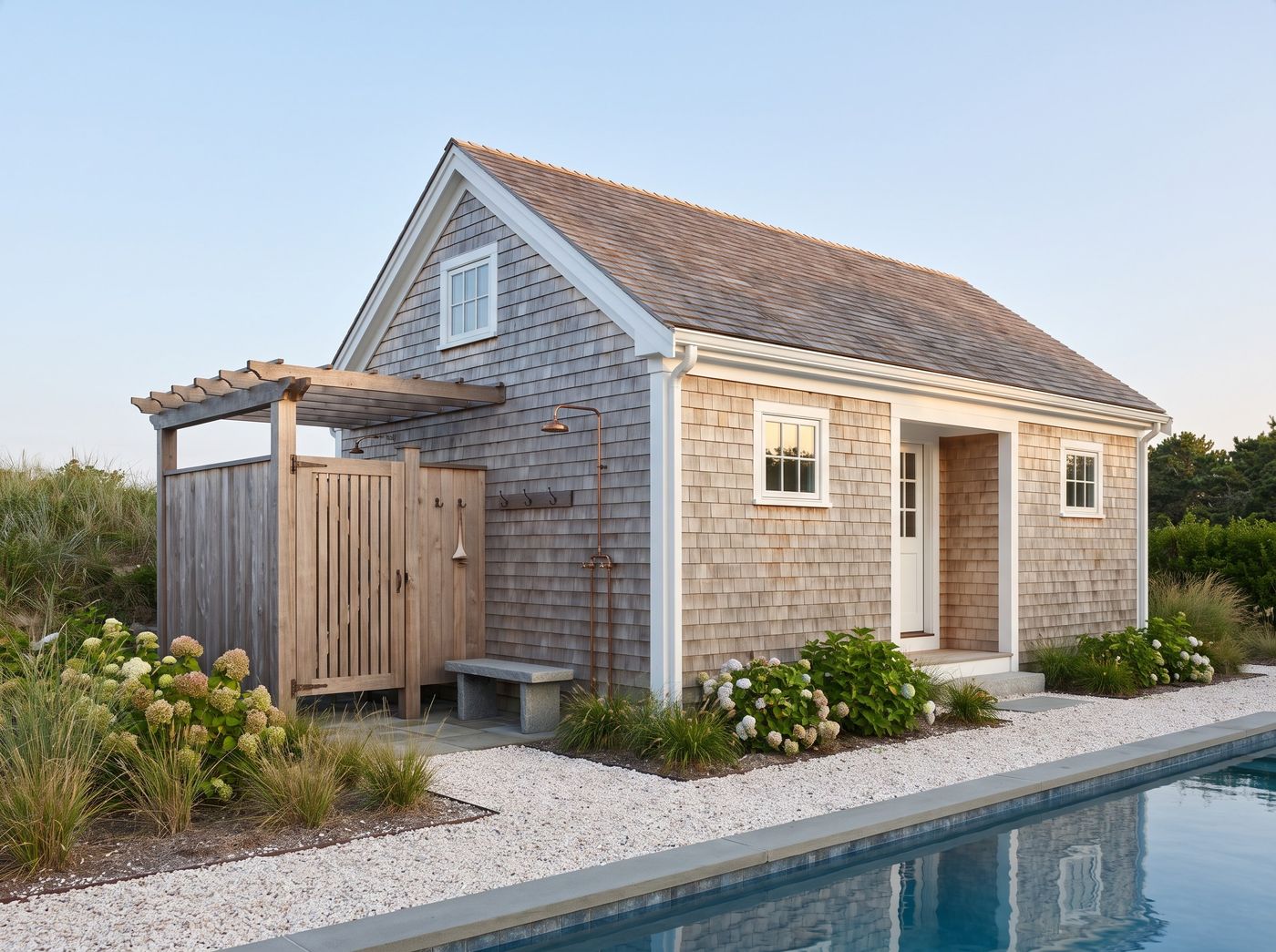 Shingled Pool House with Outdoor Shower