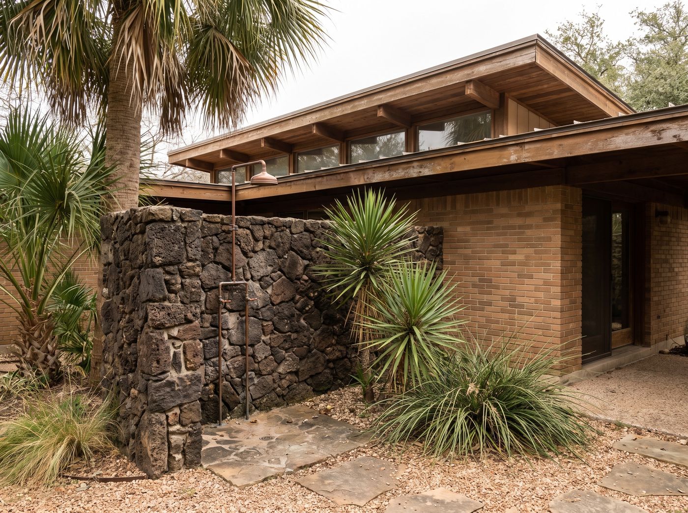 Stone Privacy Wall Framing an Outdoor Shower