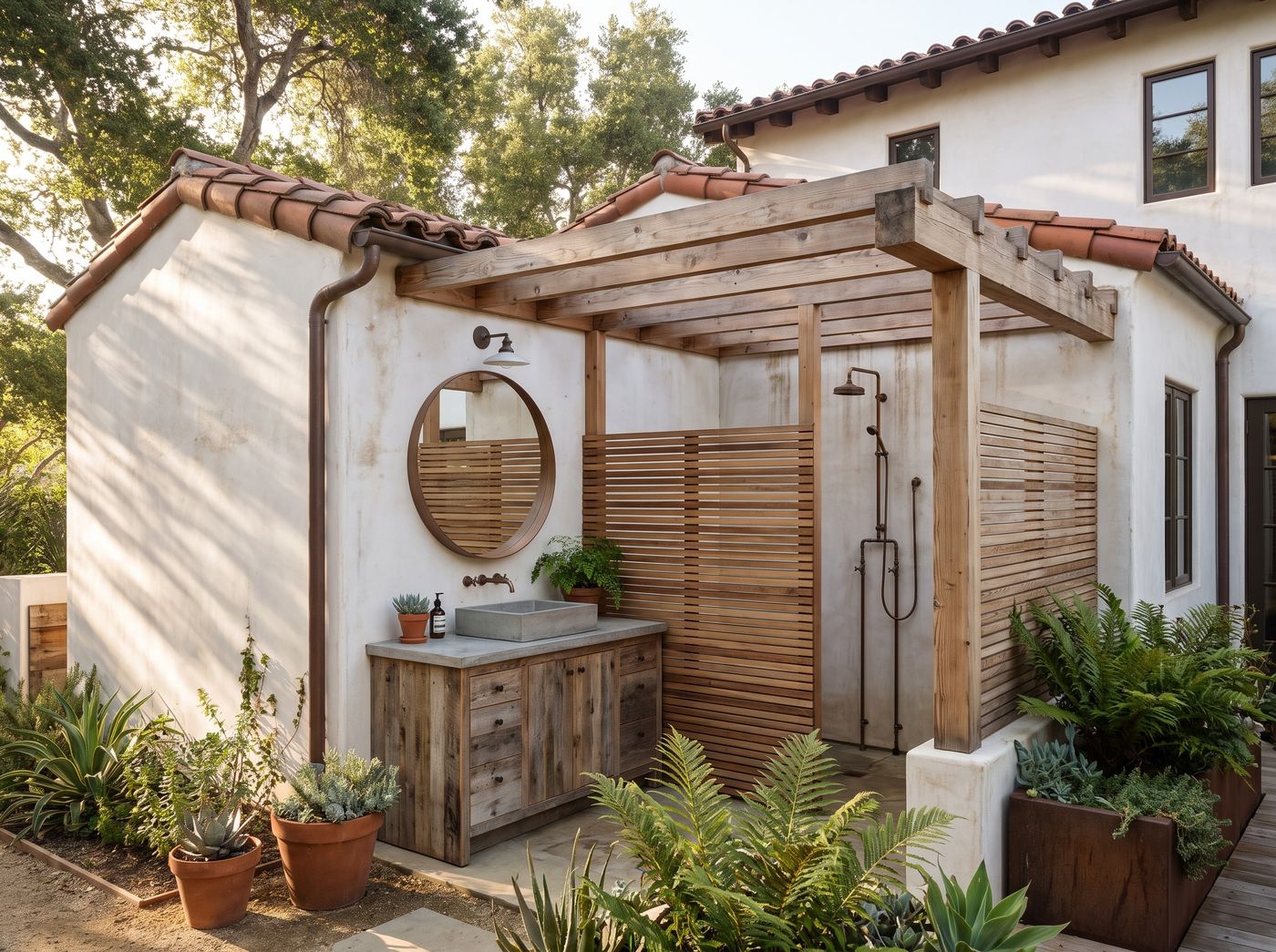 Stucco Outdoor Bathroom Under Timber Pergola