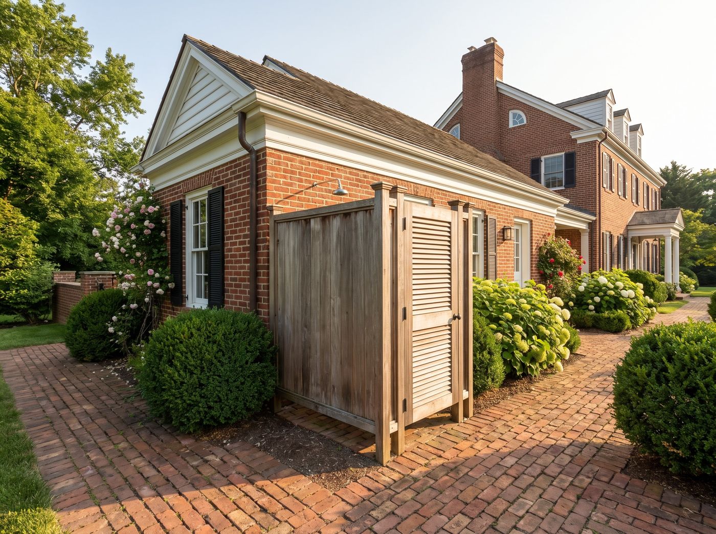 Timber Outdoor Shower Along Brick Walkway