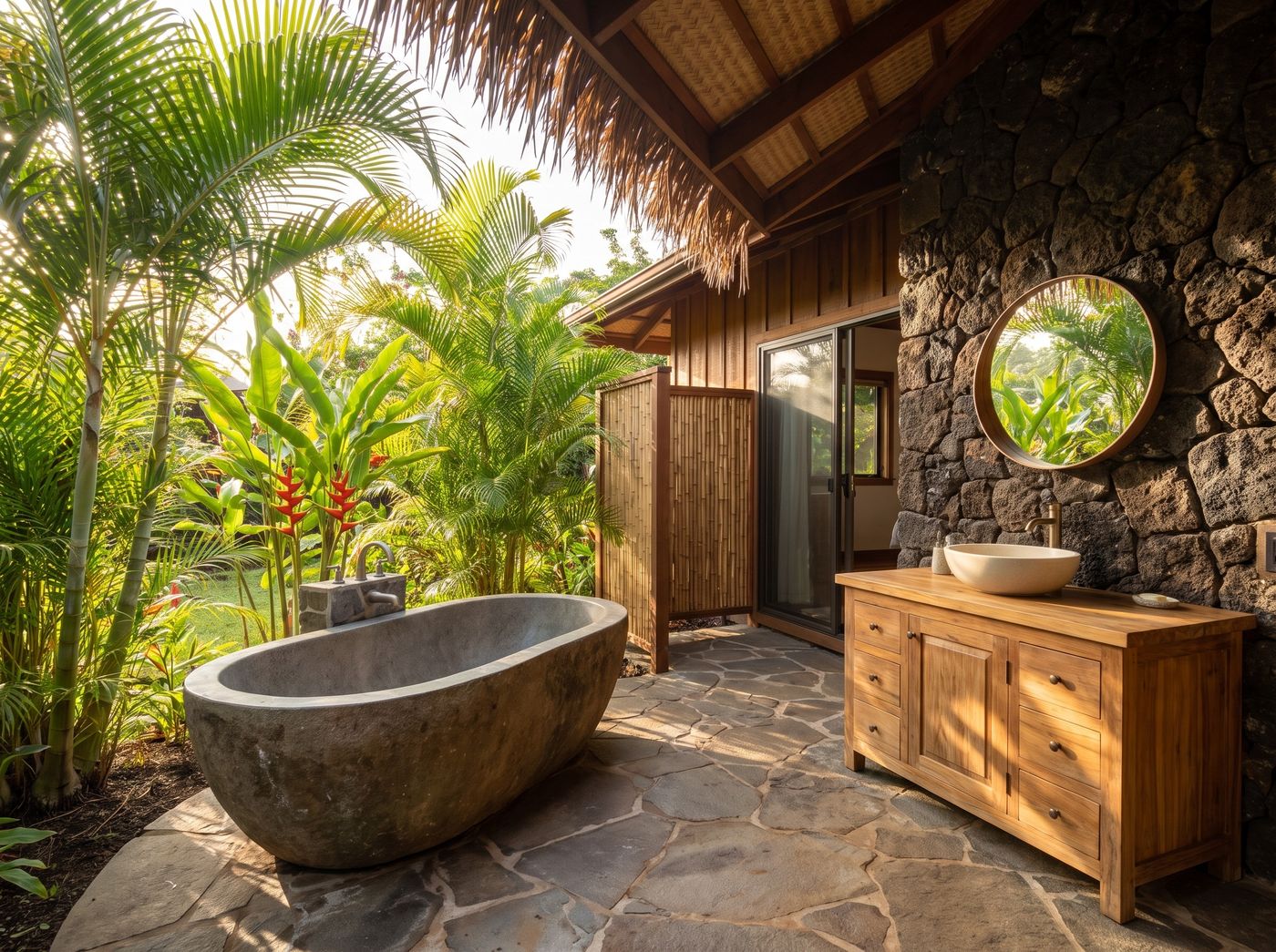 Tropical Outdoor Bathroom with Stone Bathtub