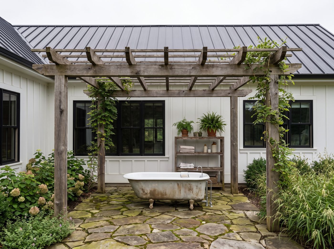 Vintage Bathtub Under Rustic Timber Pergola