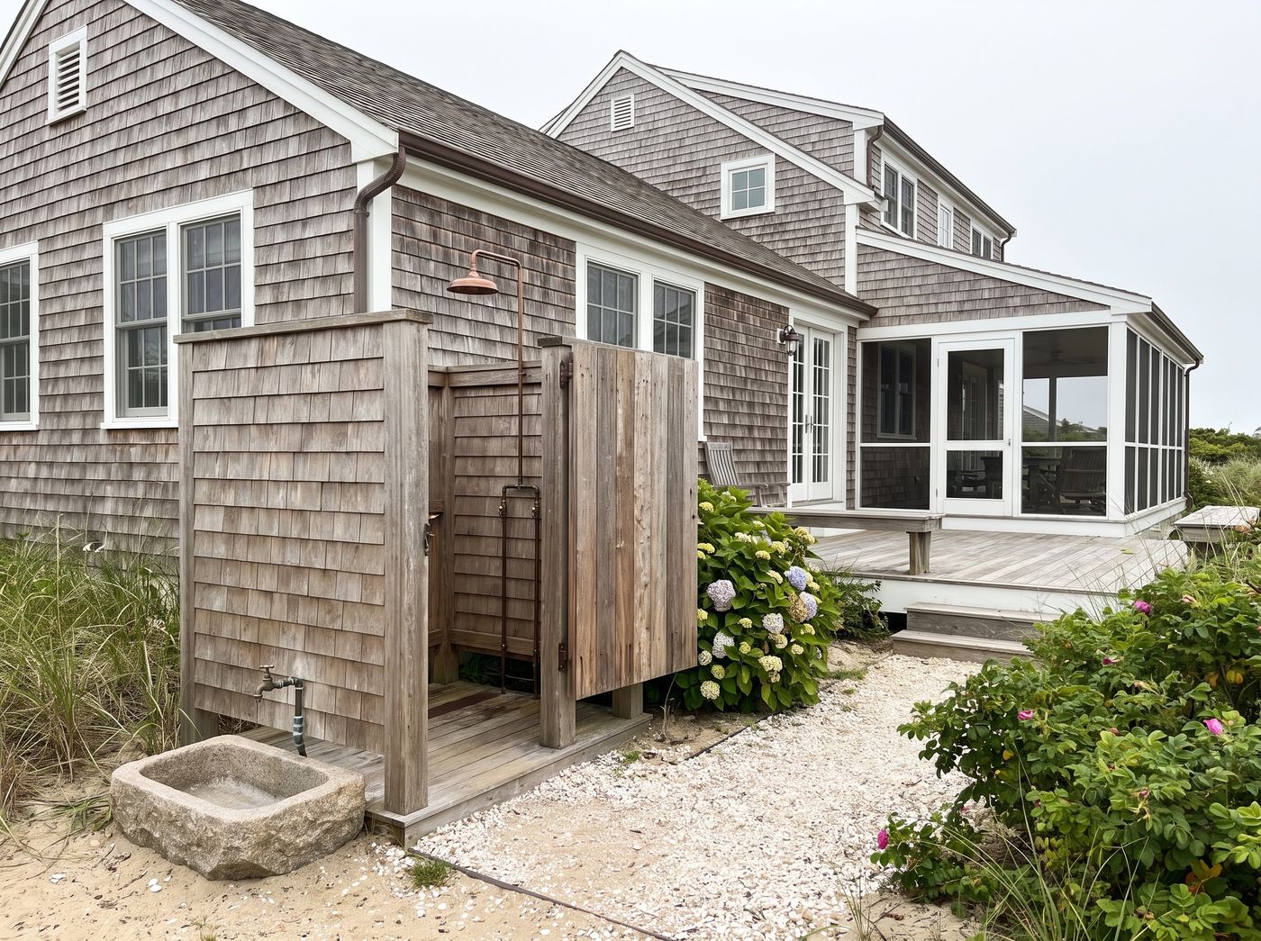 Weathered Shingle Outdoor Shower with Foot Wash