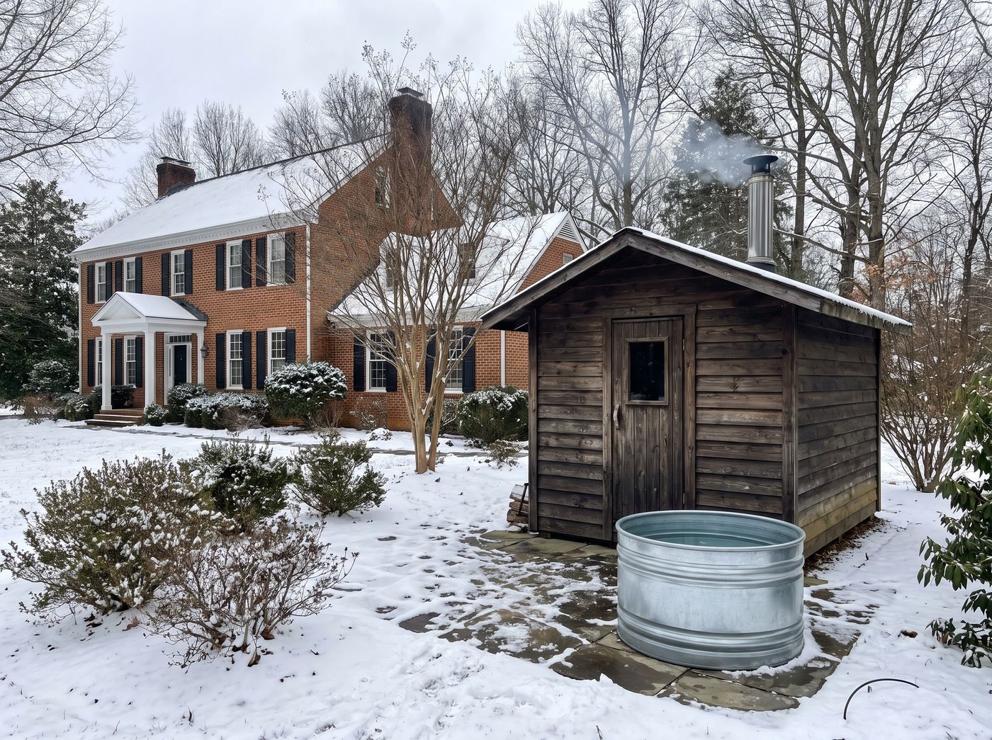 Wood-Burning Sauna Beside Galvanized Cold Plunge
