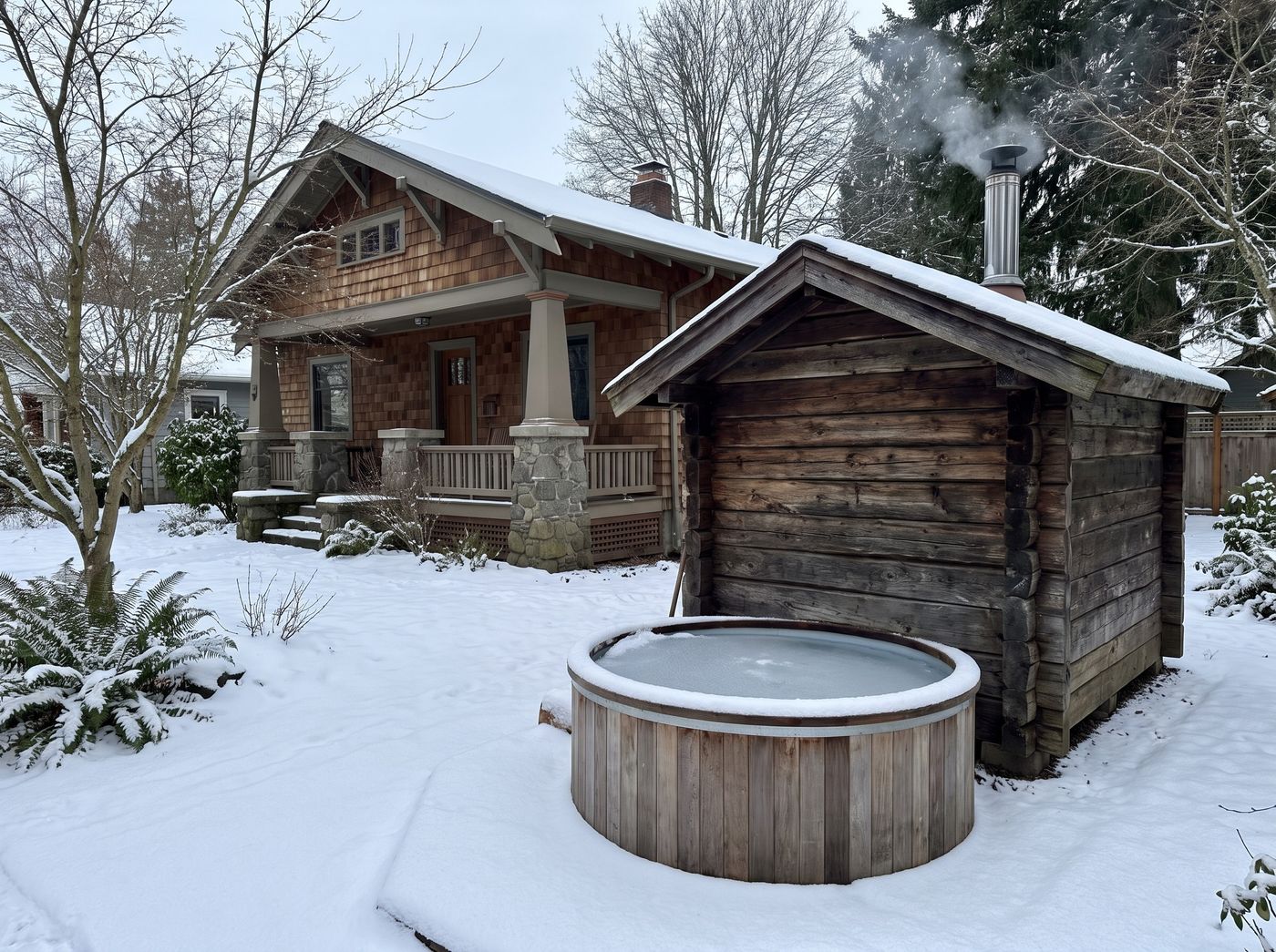 Wood-Burning Sauna Beside Wooden Cold Plunge