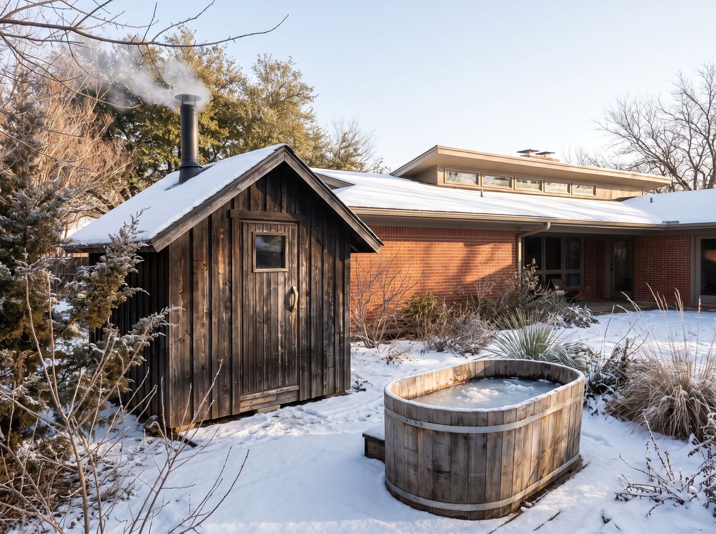 Wood-Burning Sauna Beside Wooden Cold Plunge