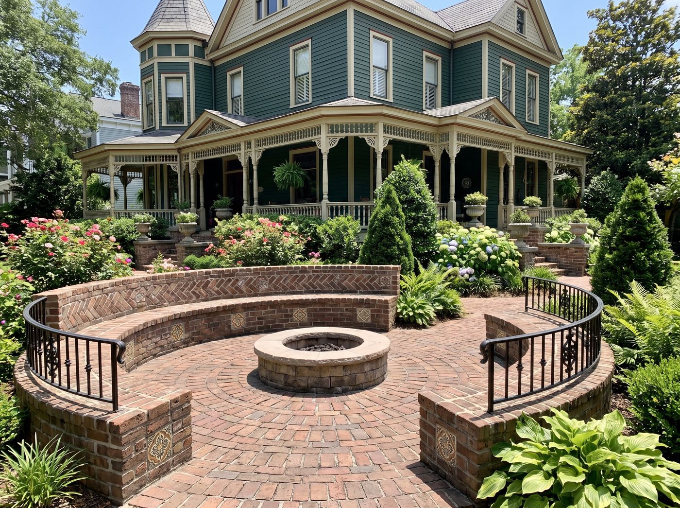 Brick Patio with Curved Seating Wall