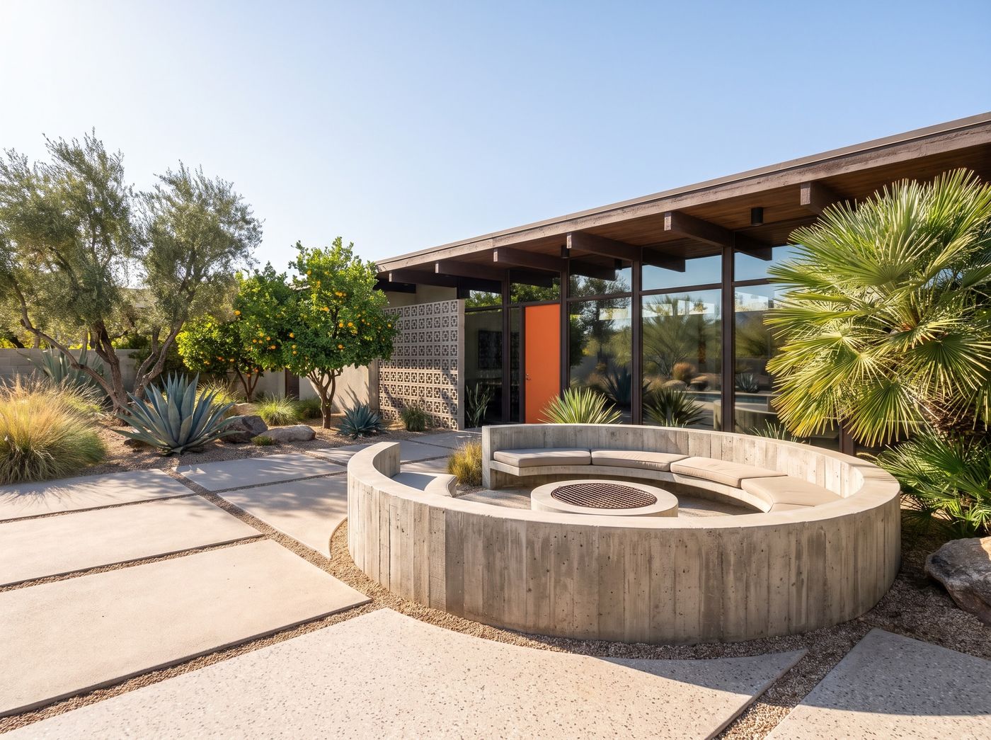 Circular Concrete Seating Wall and Fire Pit