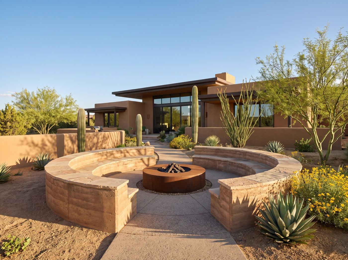 Circular Fire Pit with Curved Seating Wall