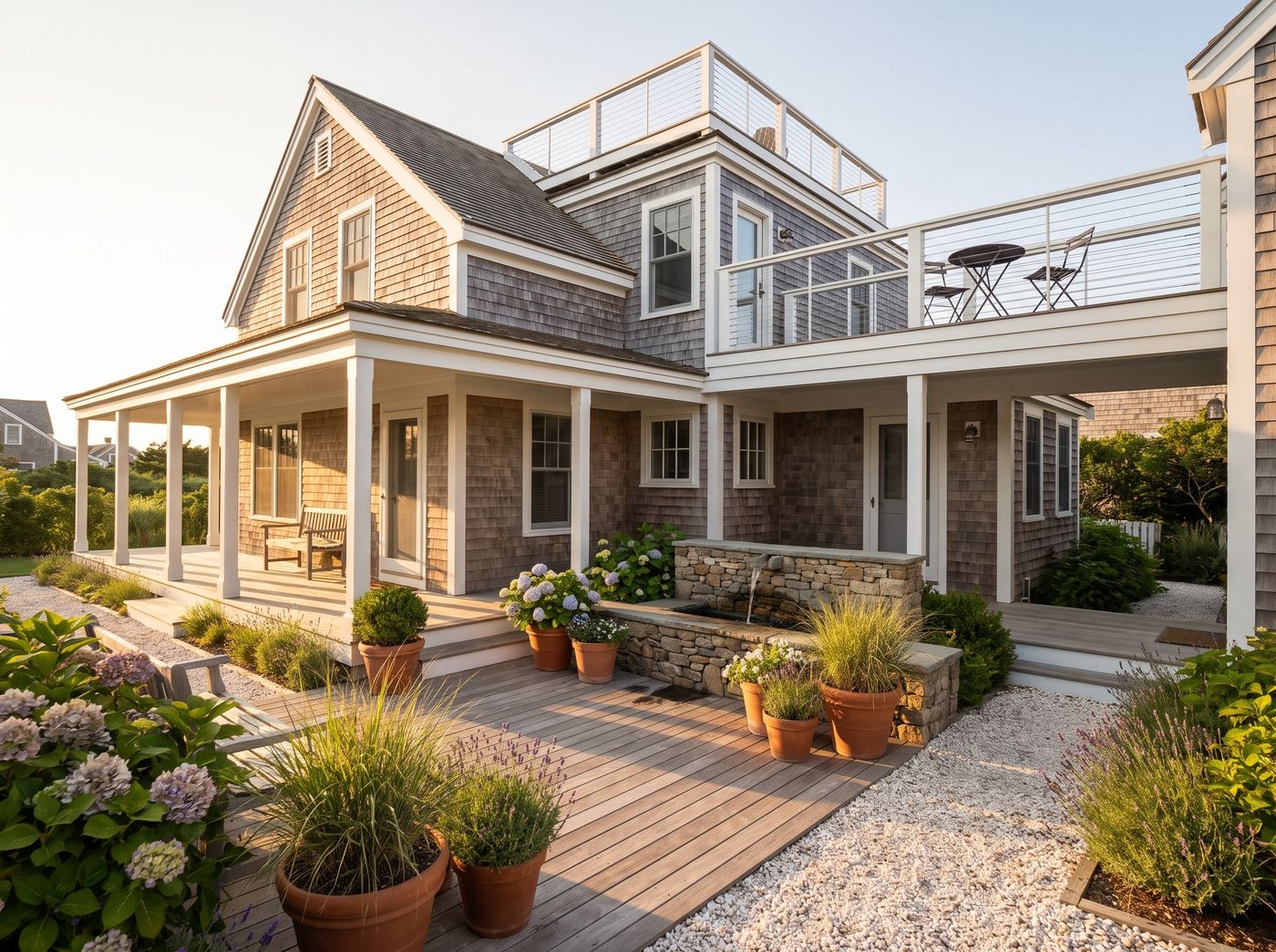 Coastal Courtyard Patio with Stone Fountain