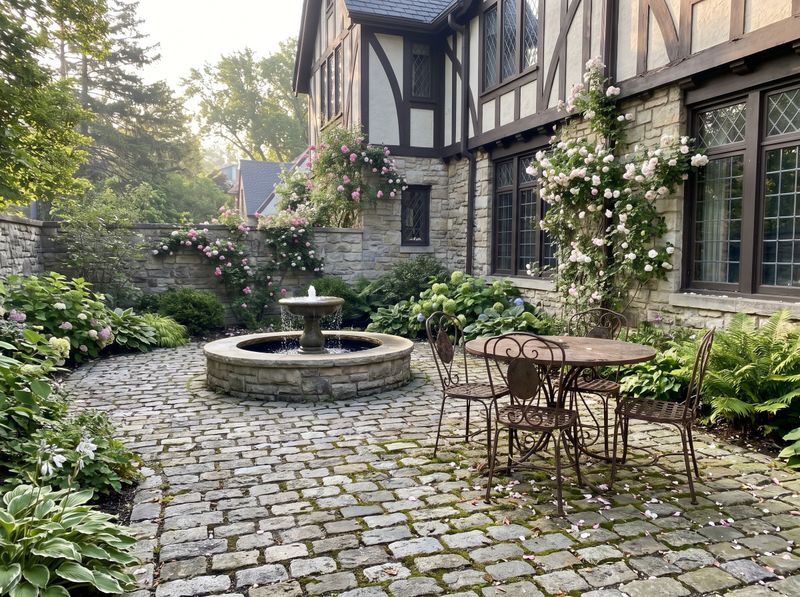 Cobblestone Patio with Tiered Stone Fountain