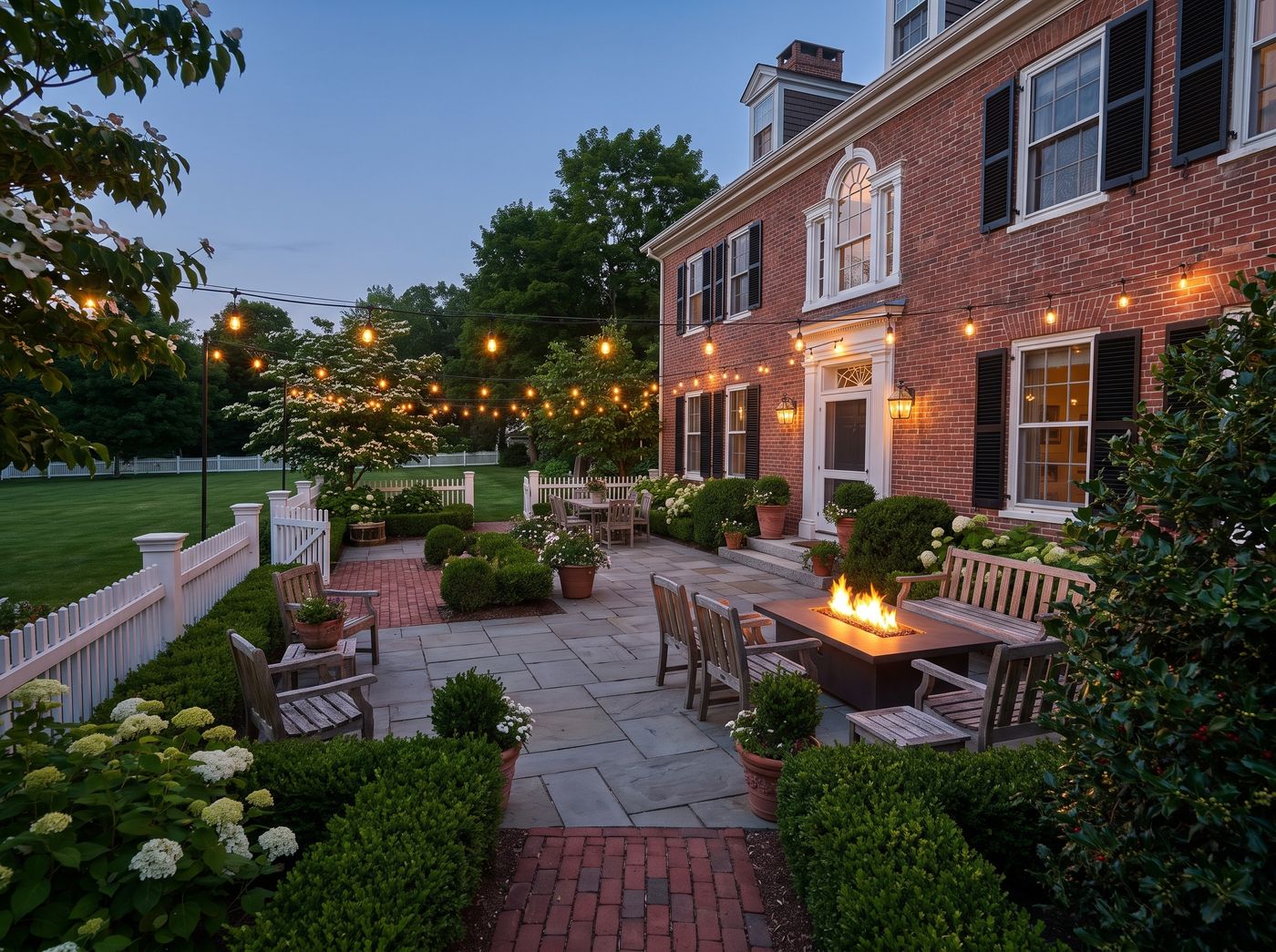 Colonial Brick Patio with Fire Table