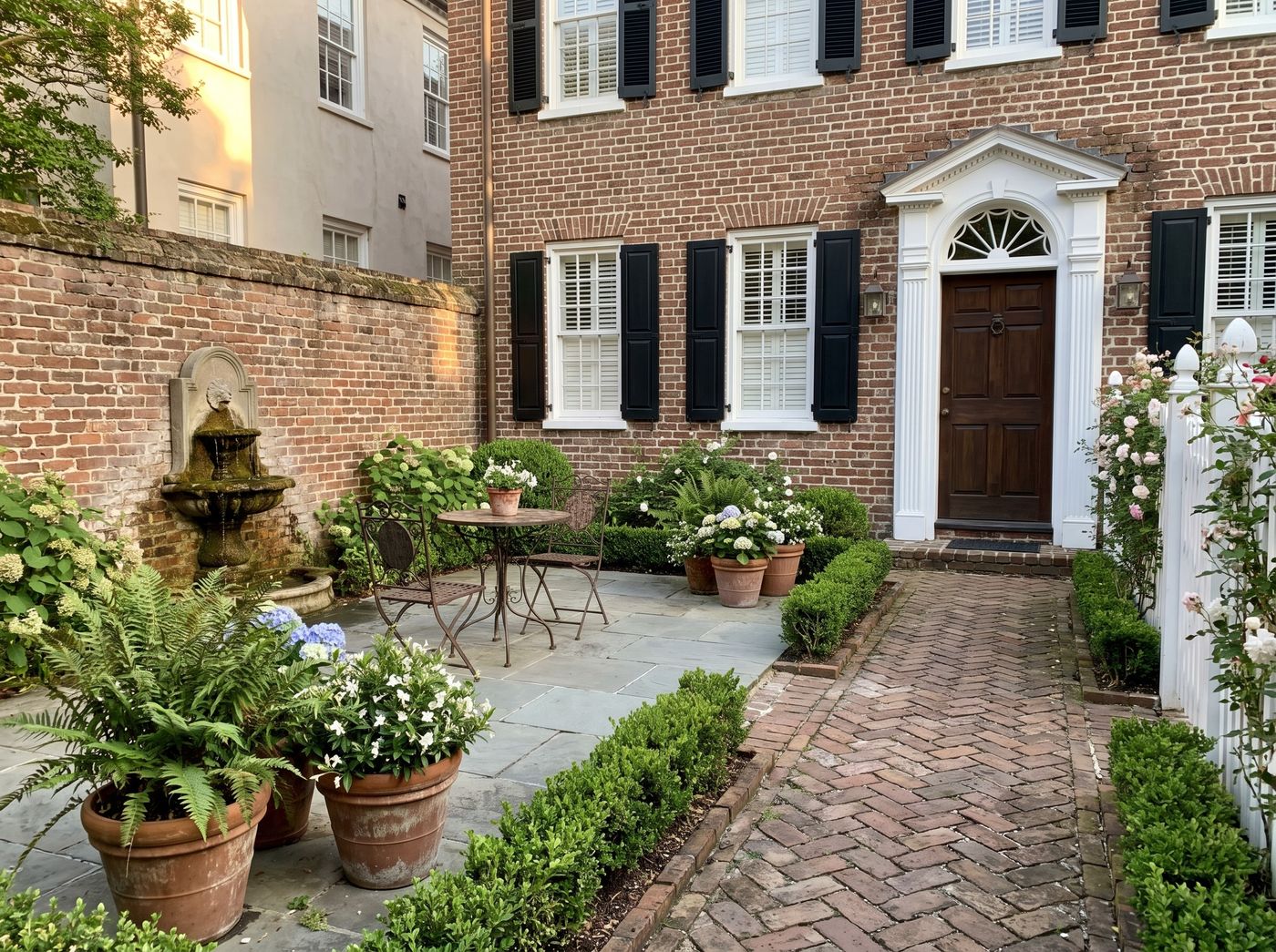 Colonial Courtyard Patio with Tiered Fountain
