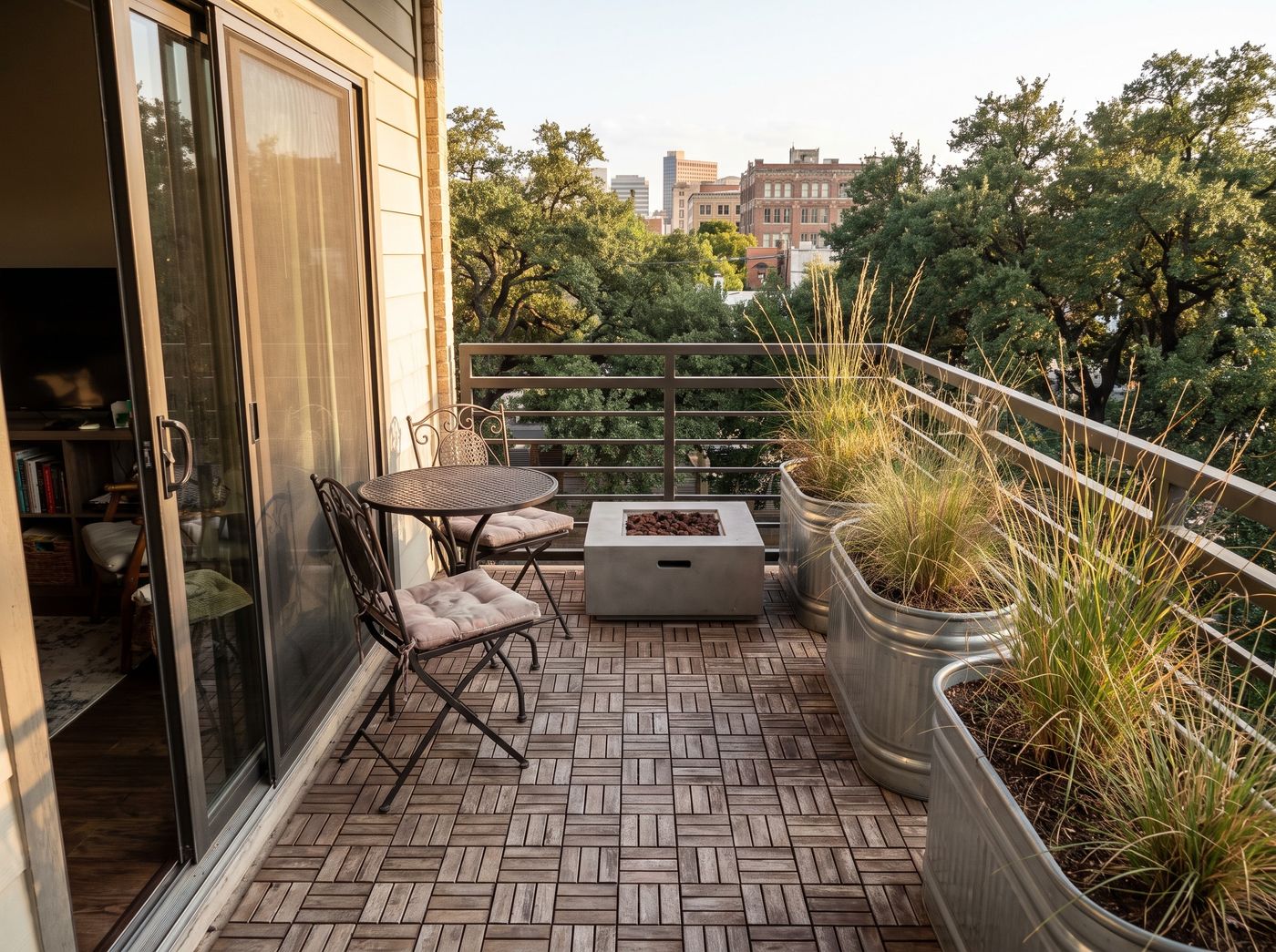 Compact Balcony with Concrete Fire Table