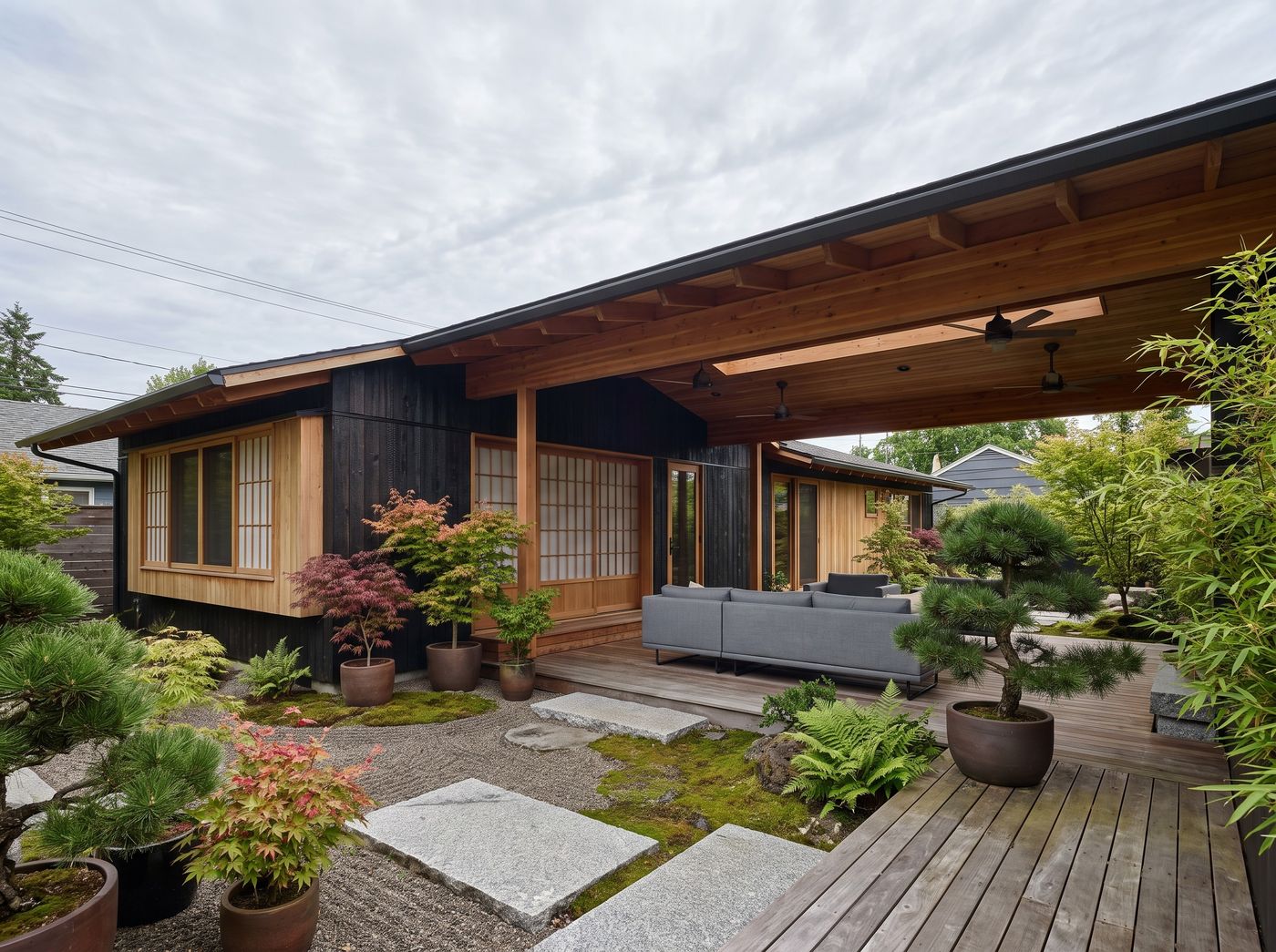 Covered Patio Beside Japanese Zen Garden