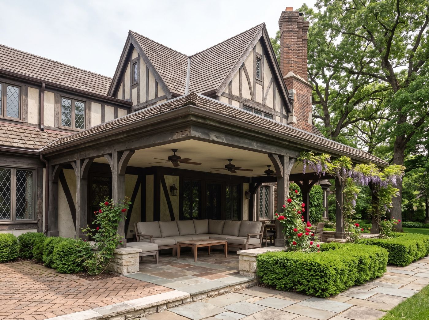 Covered Tudor Patio with Timber Framing