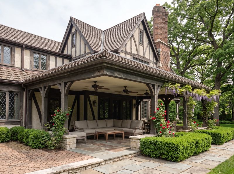 Covered Tudor Patio with Timber Framing