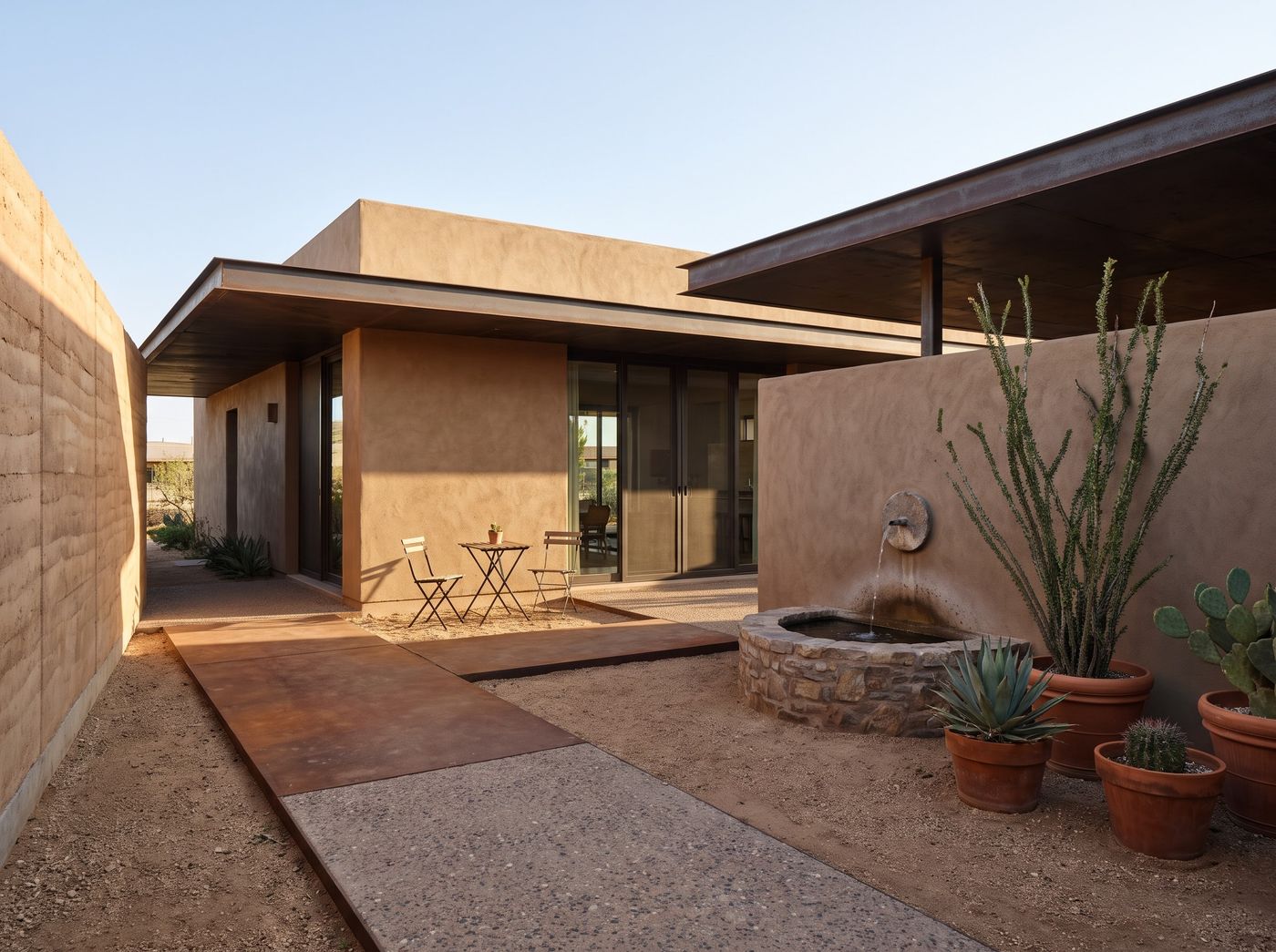 Desert Courtyard with Stone Wall Fountain