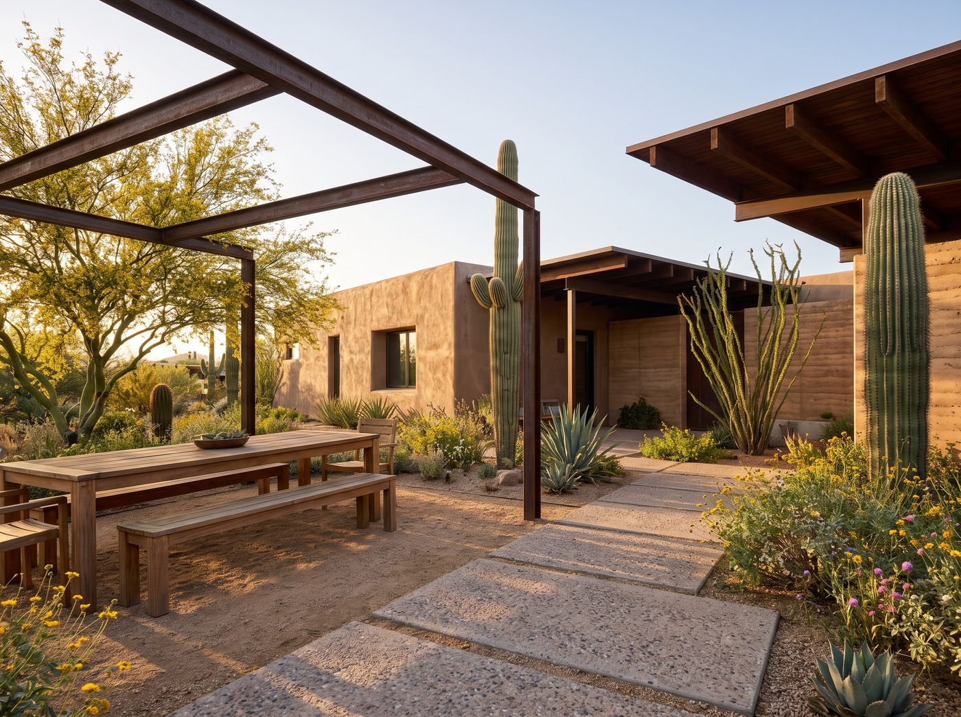 Desert Dining Patio with Steel Pergola