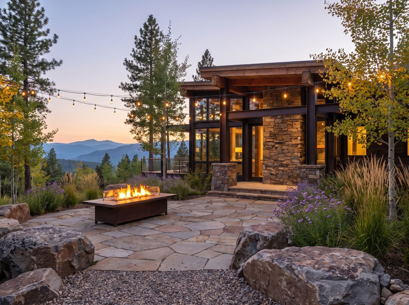 Flagstone Mountain Patio with Fire Table