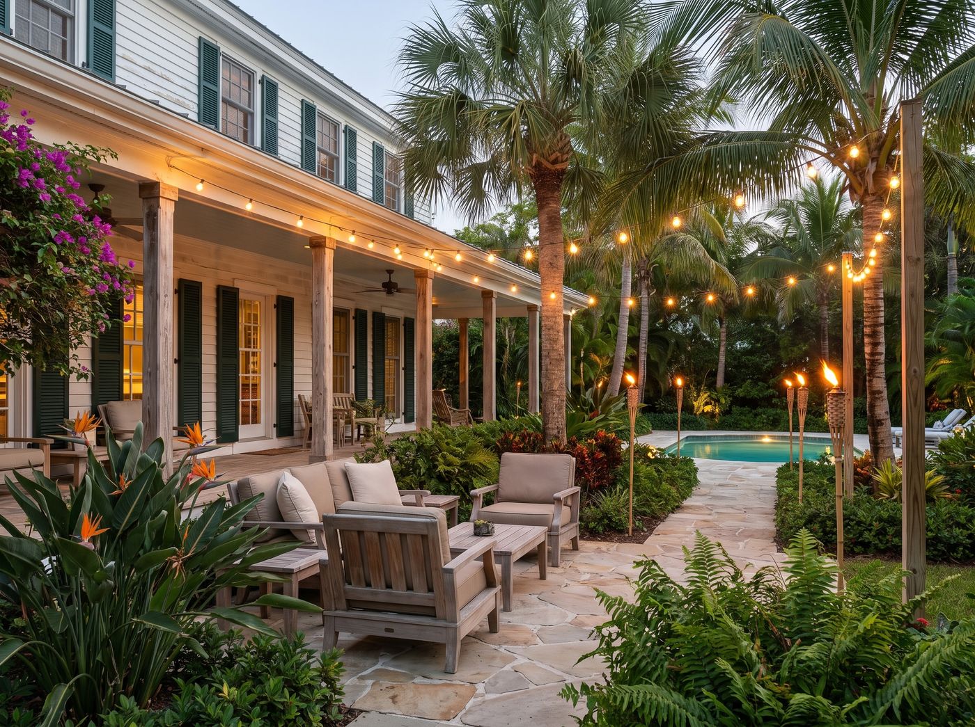 Flagstone Patio Bordered by Tall Palms