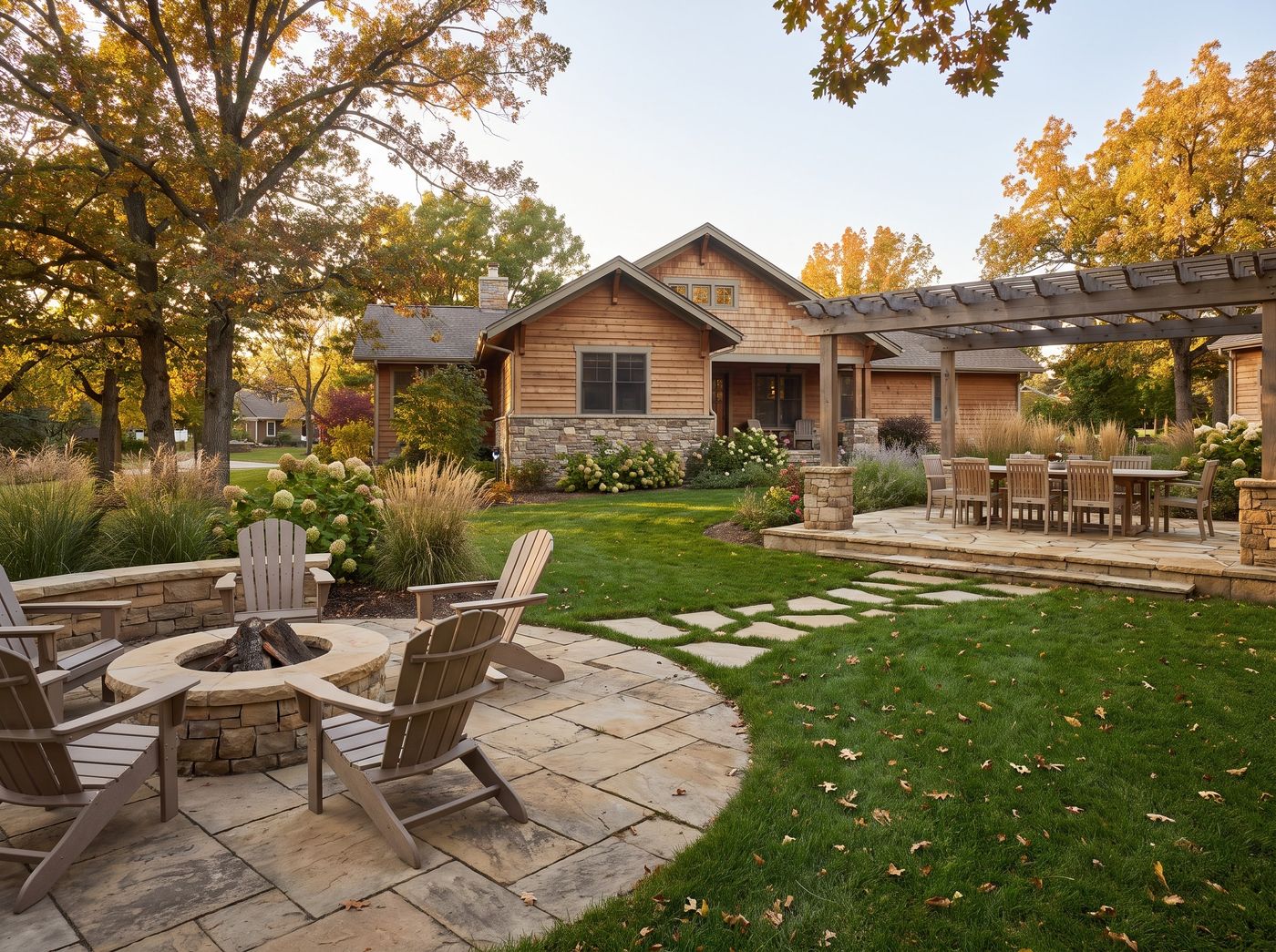 Flagstone Patio with Fire Pit and Pergola
