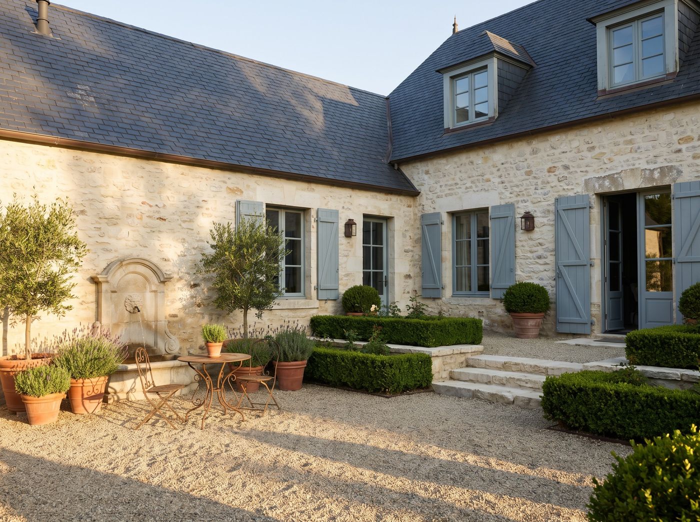 Gravel Courtyard with Carved Stone Fountain