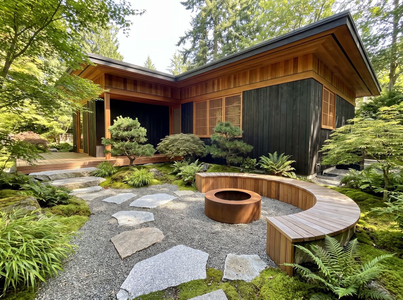 Gravel Patio with Curved Cedar Seating Wall