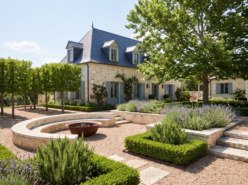 Gravel Patio with Curved Limestone Seating Wall