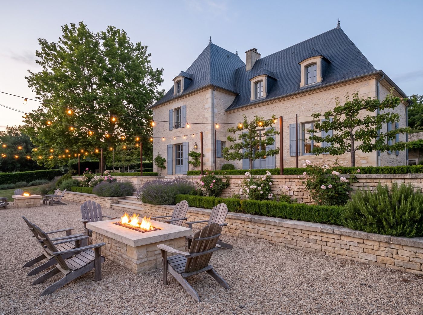 Gravel Patio with Limestone Fire Table