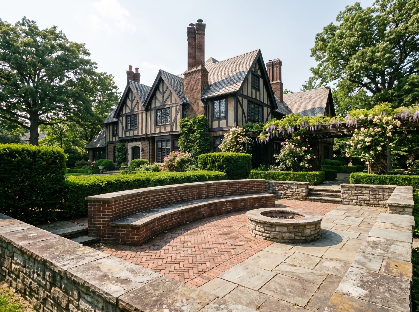 Herringbone Brick Patio with Fire Pit