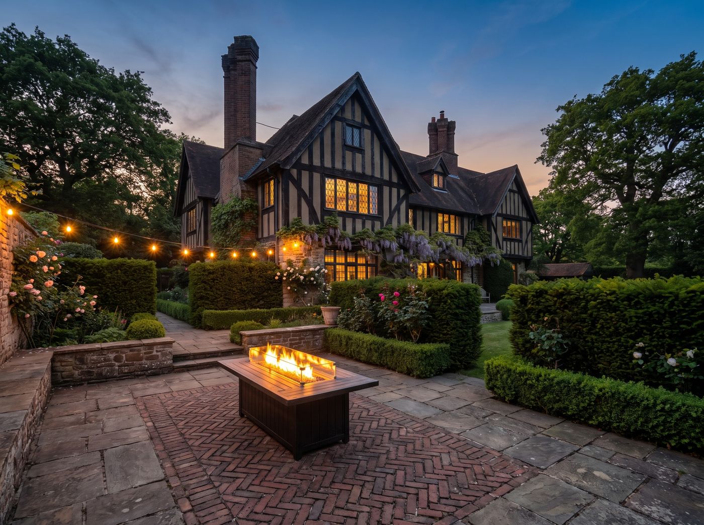 Herringbone Brick Patio with Fire Table