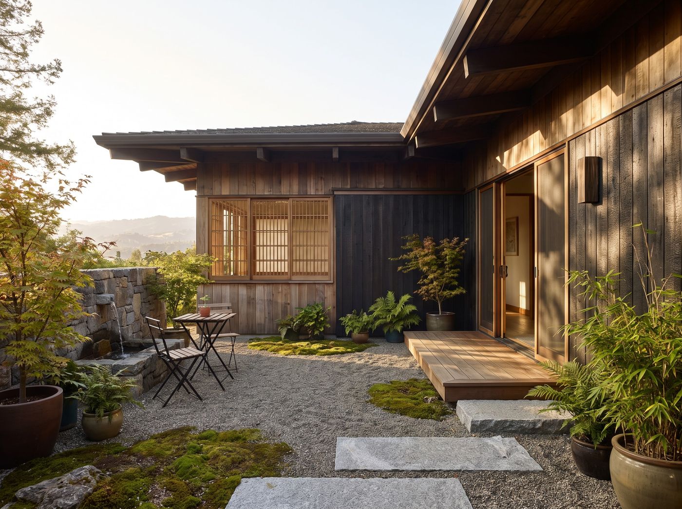 Japanese Courtyard Patio with Stone Fountain