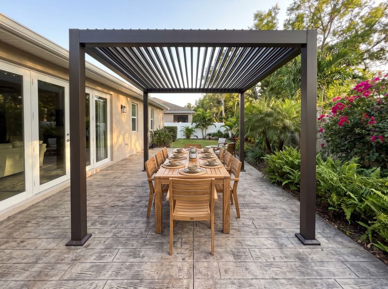 Louvered Pergola over Stamped Concrete Patio