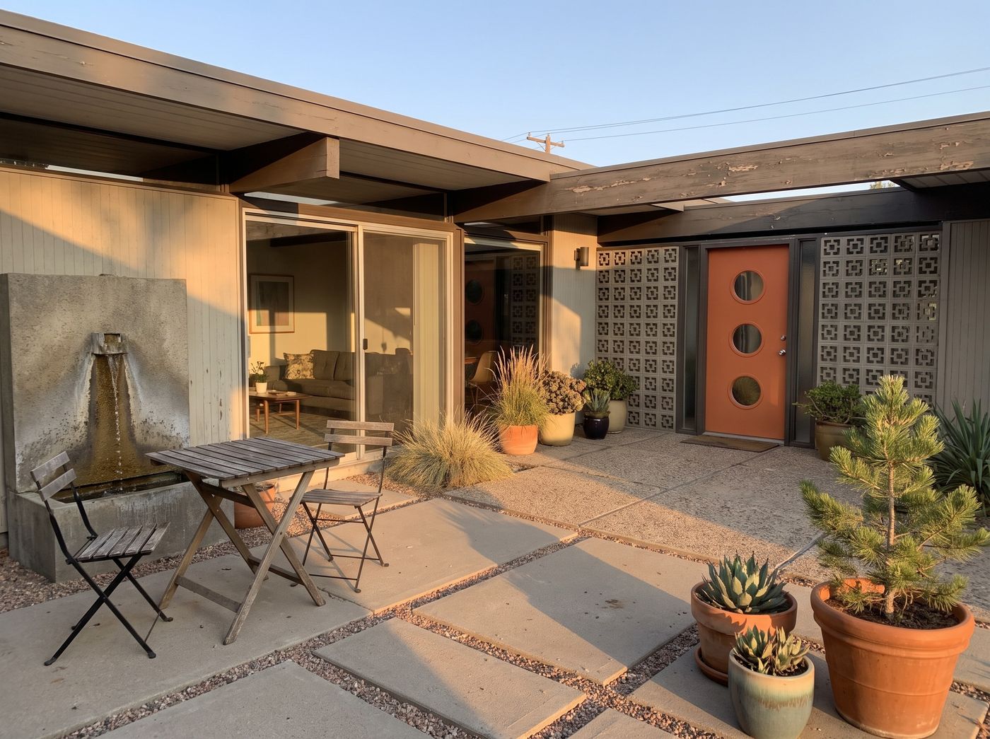 Mid-Century Courtyard with Concrete Fountain
