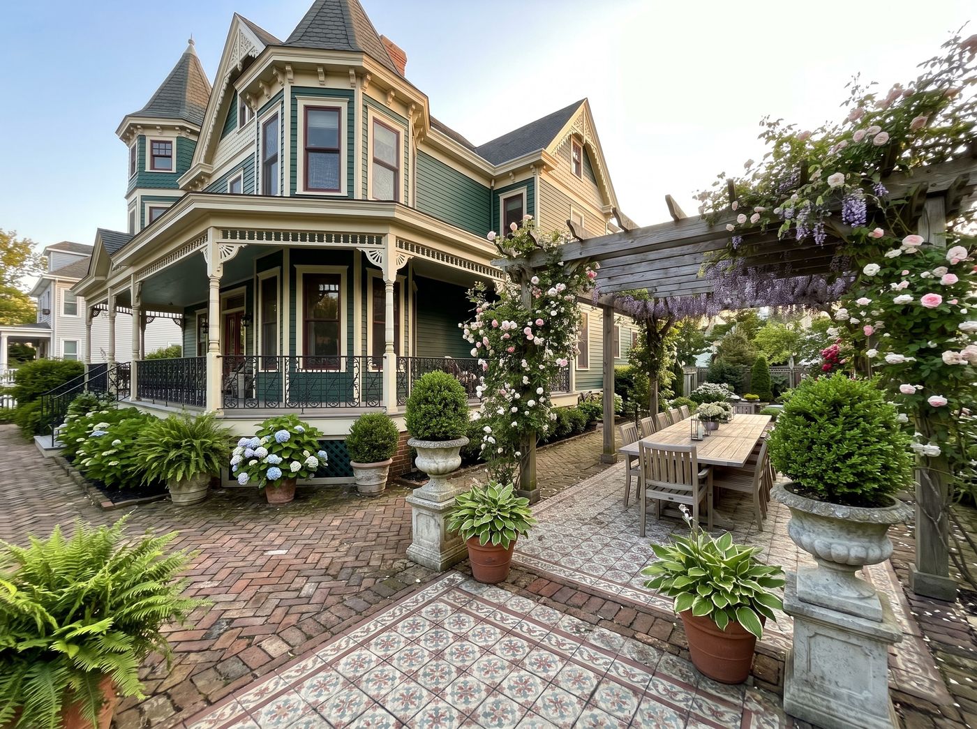 Patterned Tile Patio Beside Victorian Home