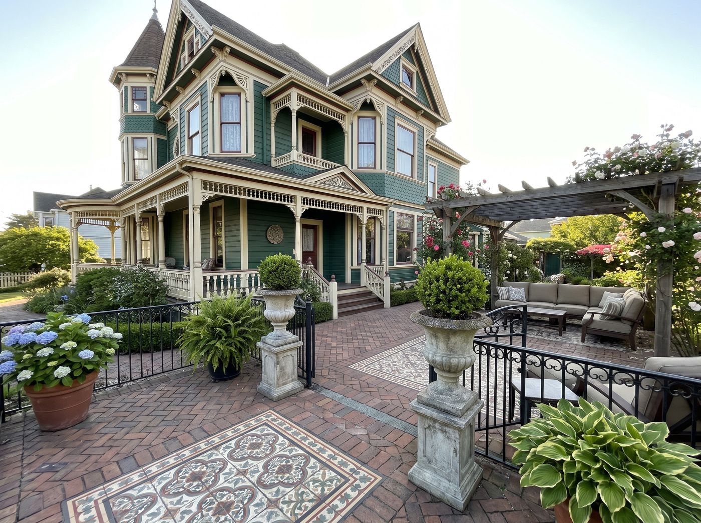 Patterned Tile Patio Beside Victorian Home