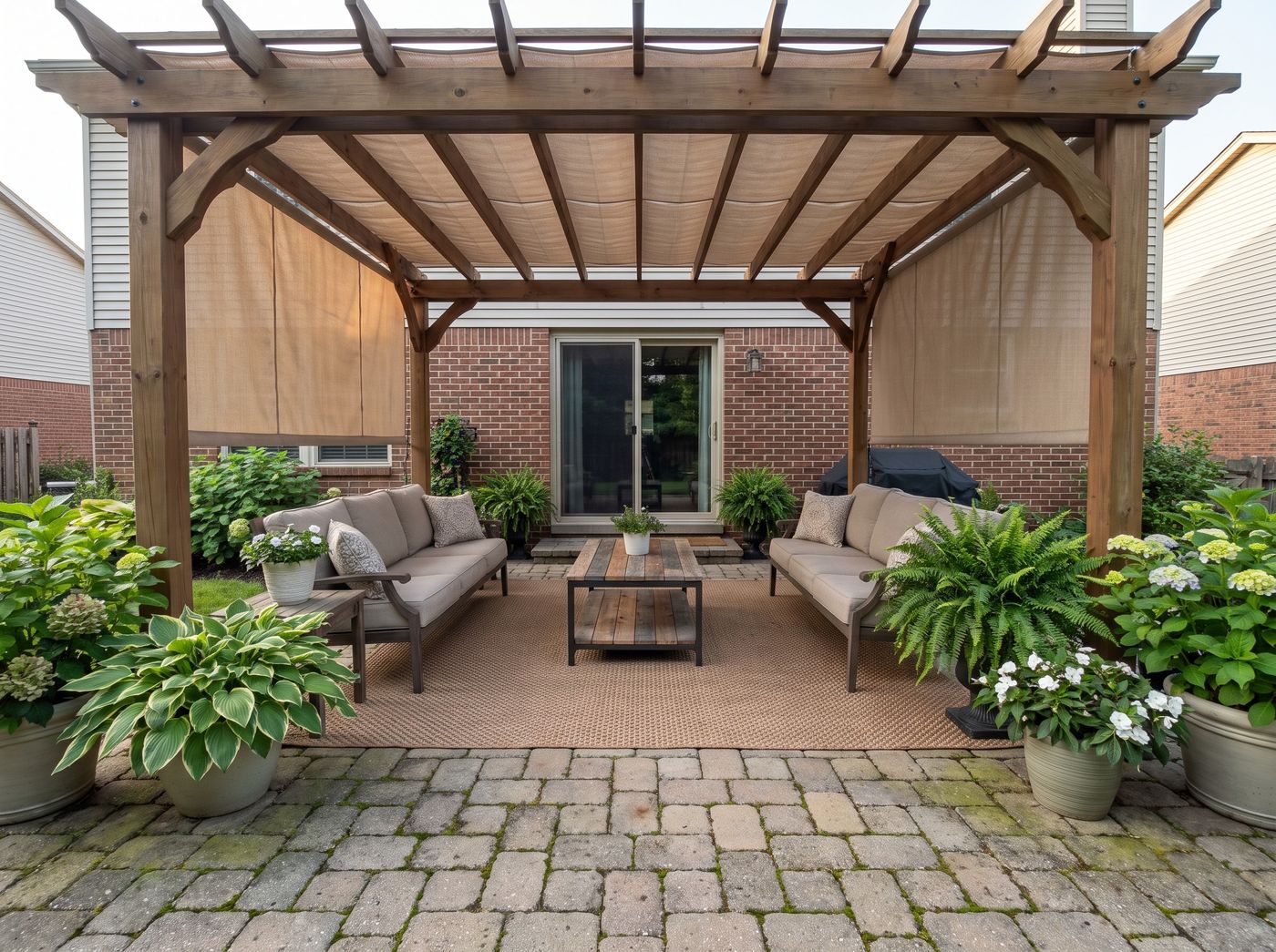 Paver Patio Beneath Shaded Wooden Pergola
