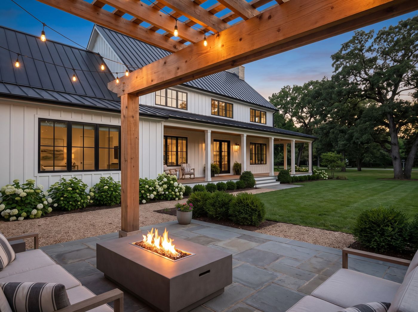 Pergola-Covered Patio with Fire Table