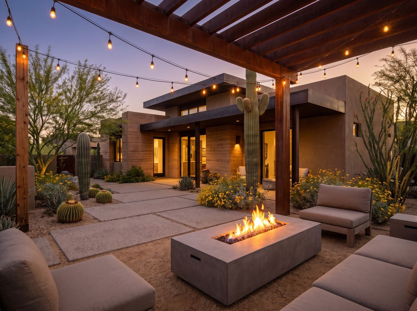 Pergola Patio with Concrete Fire Table