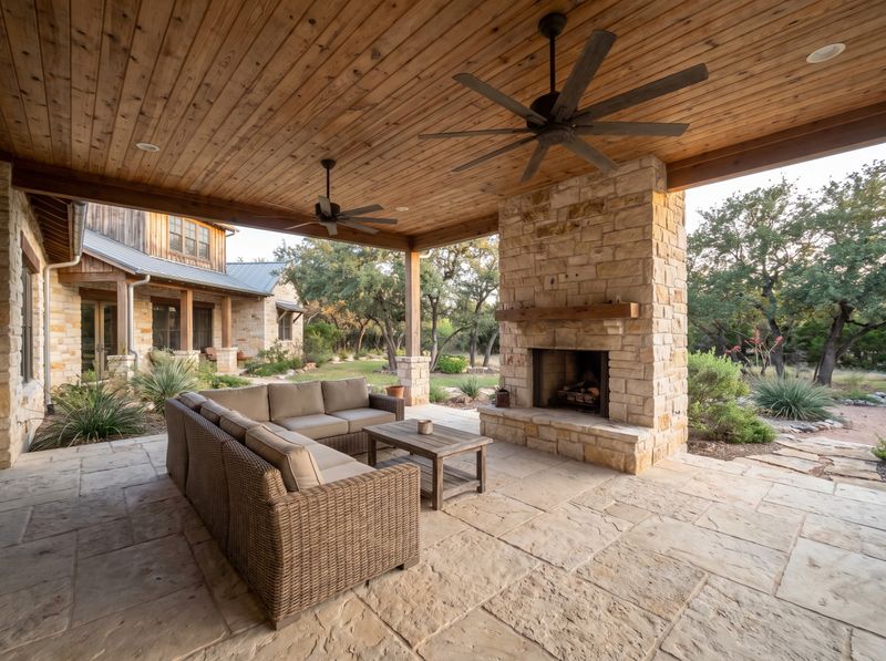Rustic Covered Patio with Limestone Fireplace