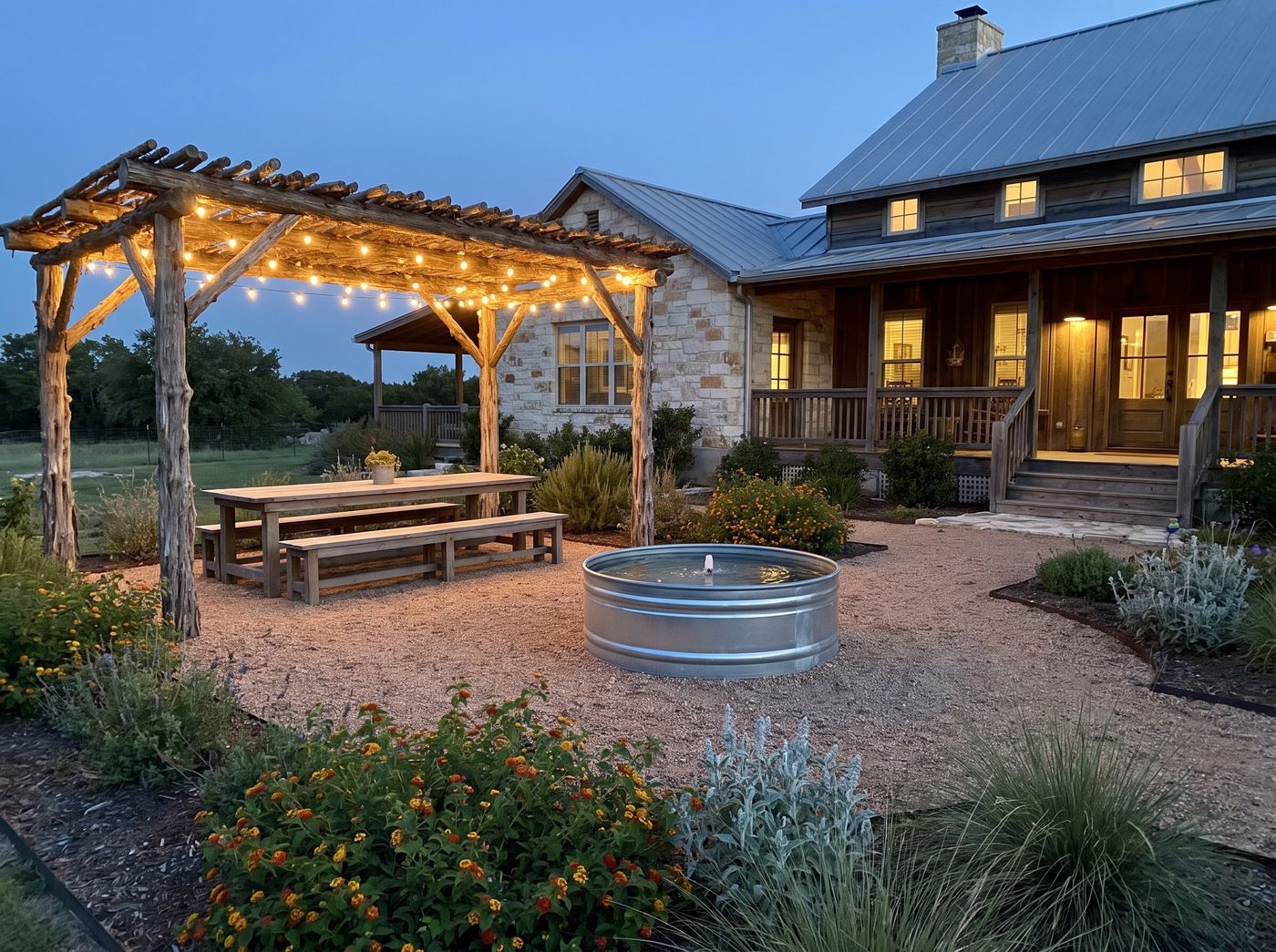 Rustic Timber Arbor over Gravel Patio