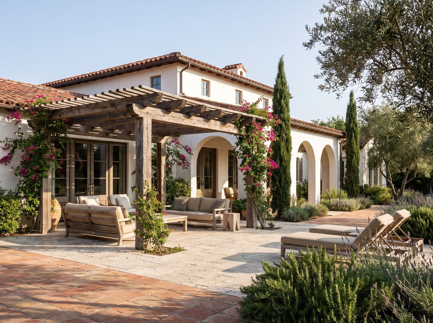 Rustic Timber Pergola with Stone Patio