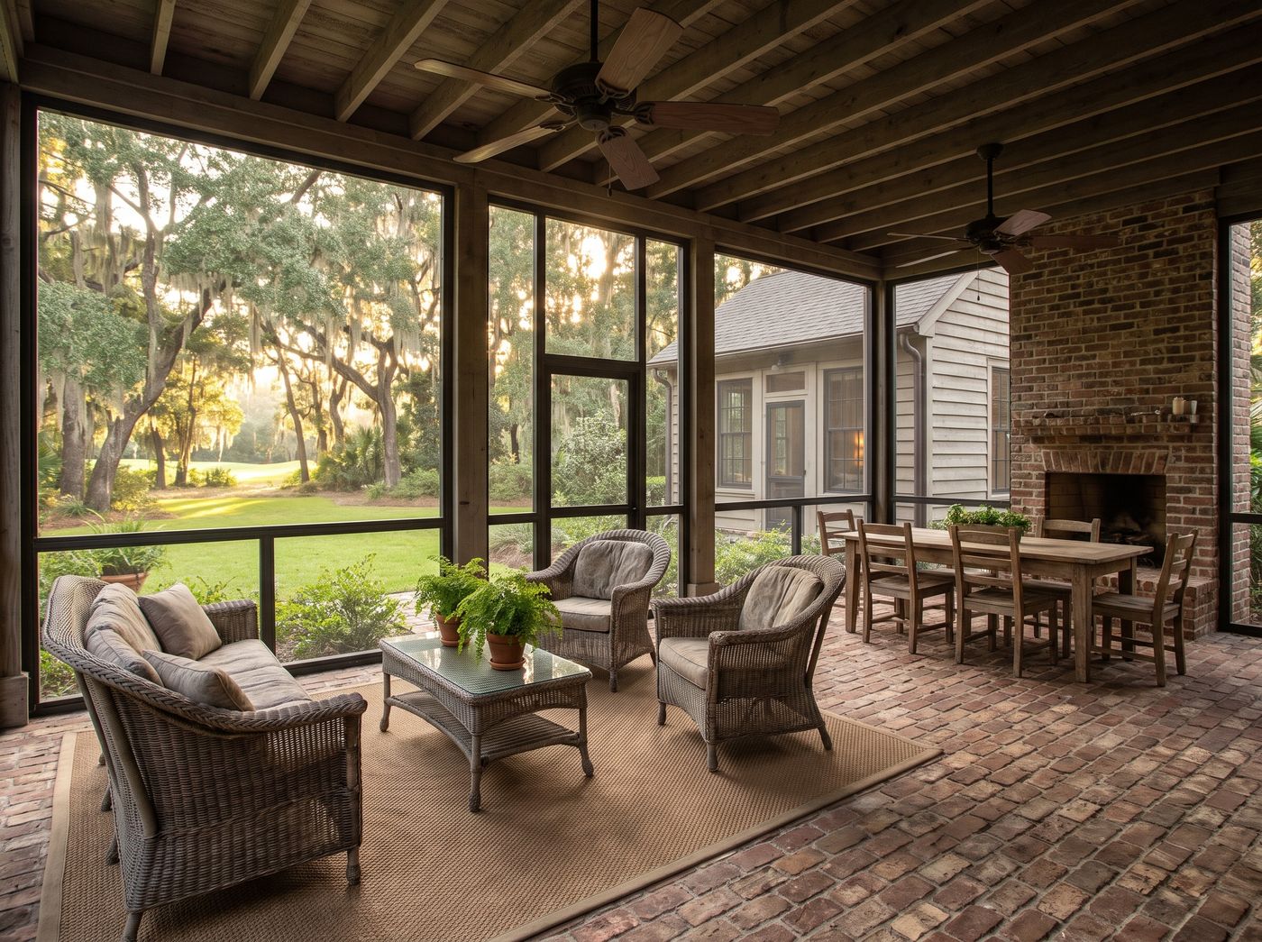 Screened Porch with Brick Fireplace