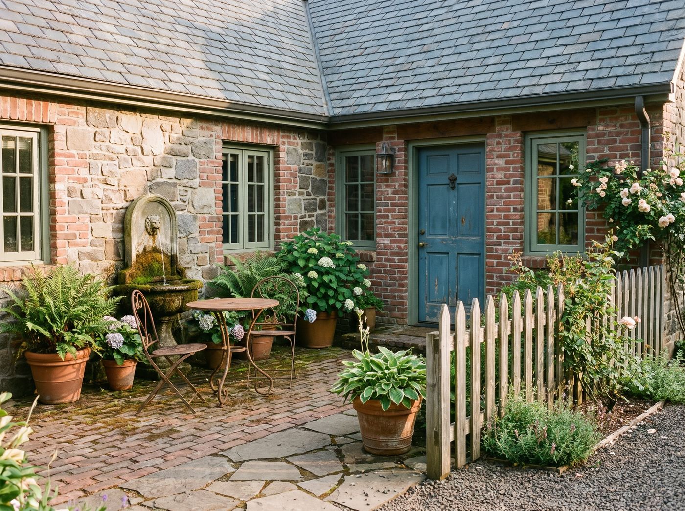 Small Brick Patio with Stone Fountain